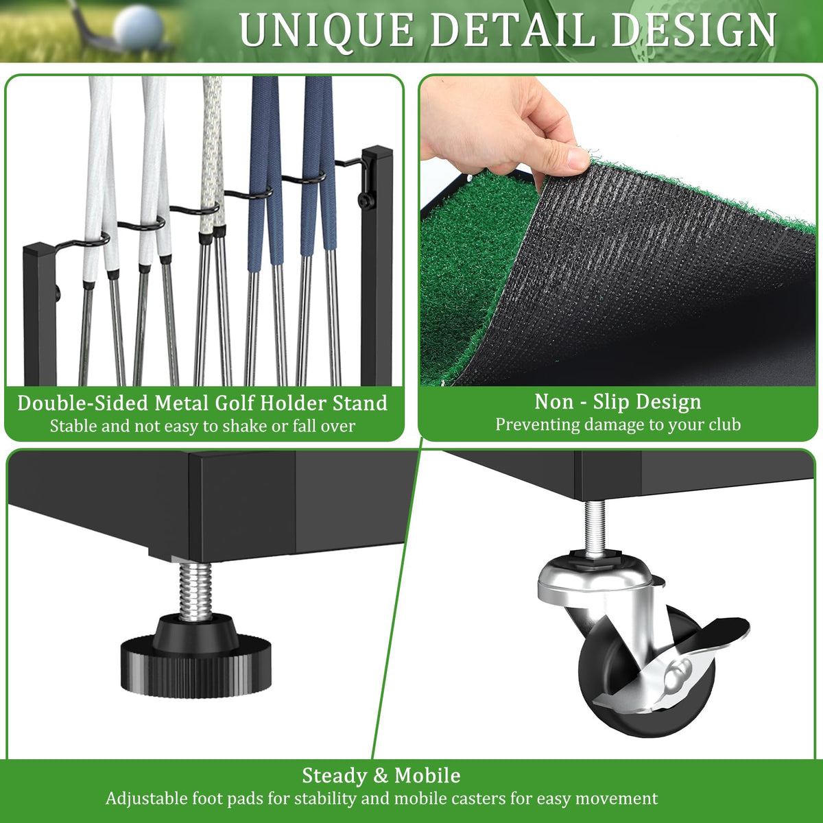 OYEAL golf club display stand on stable surface prevents tipping.