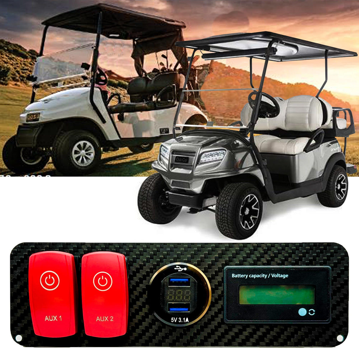 OZ-USA carbon fiber dash cover plate replacing golf ball holder on EZGO cart