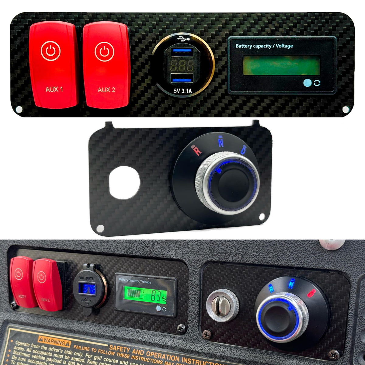 OZ-USA carbon fiber key switch plate with rotary selector for EZGO carts; durable premium upgrade.