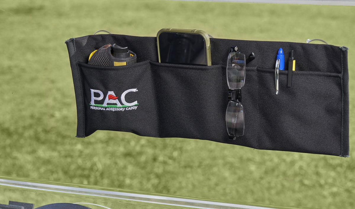 PAC Personal Accessory Caddy Golf black windshield mounted prevents items from dropping during cart rides