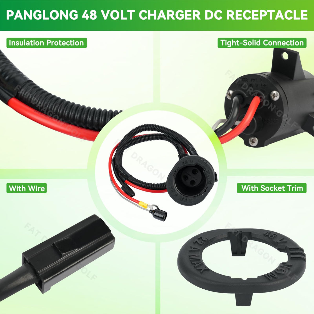 Panglong 48V charger DC port side angle highlighting easy integration with Club Car Precedent