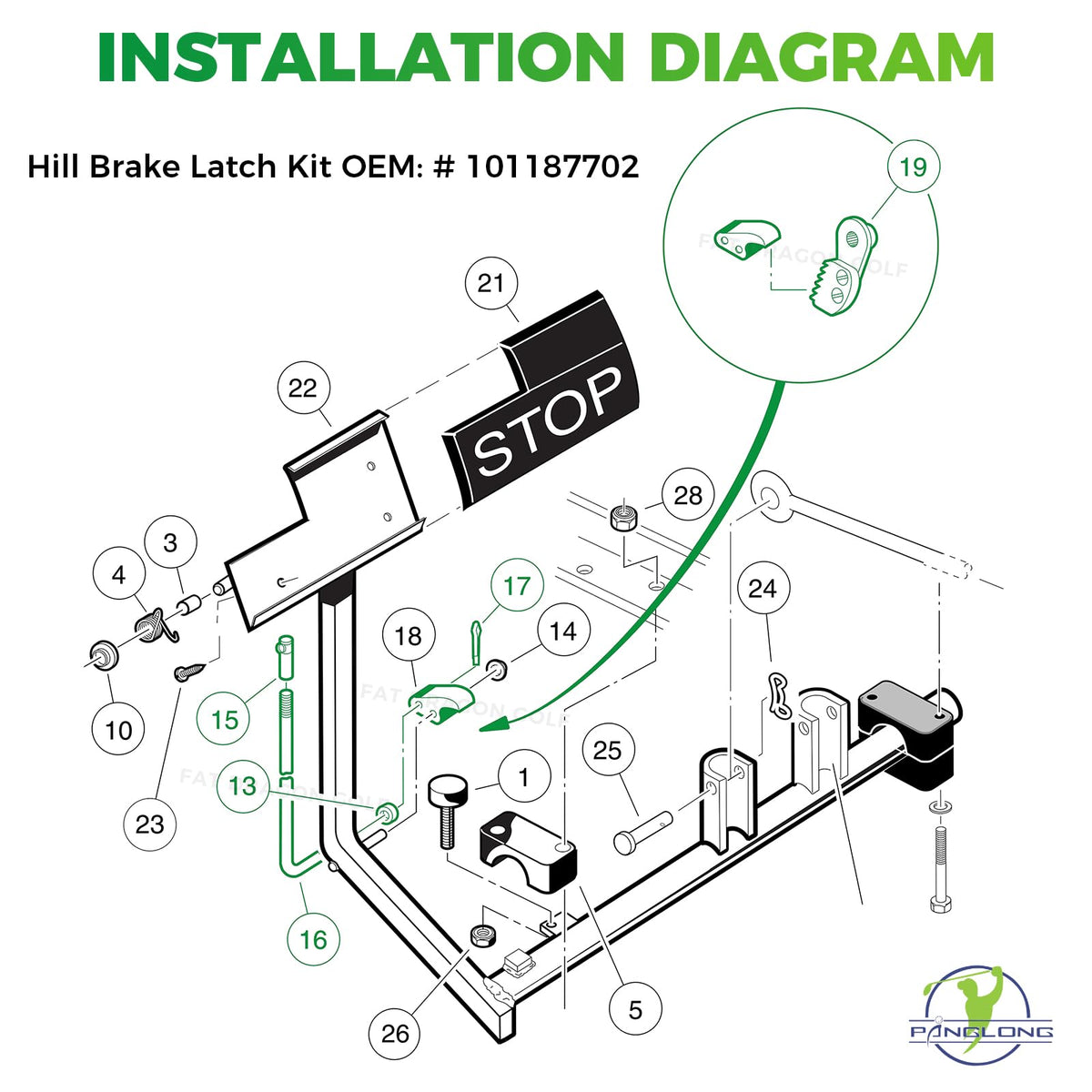 Panglong brake latch assembly with pawl and rod, simplifies repair.