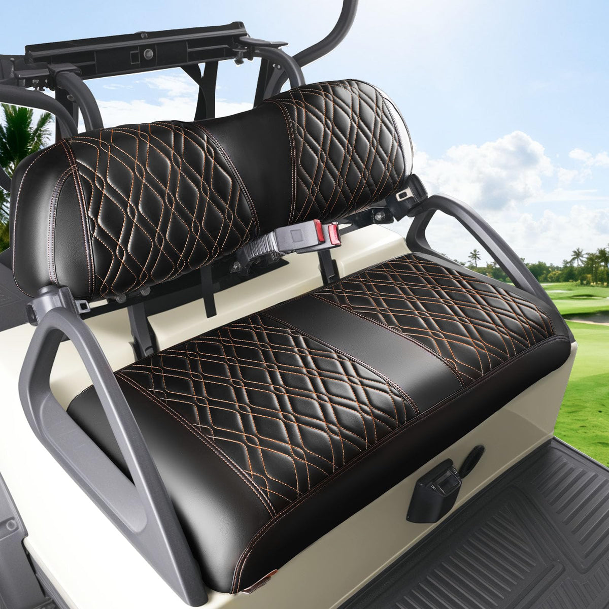 Panglong Club Car DS seat cover front installation view protects OEM cushion from wear.
