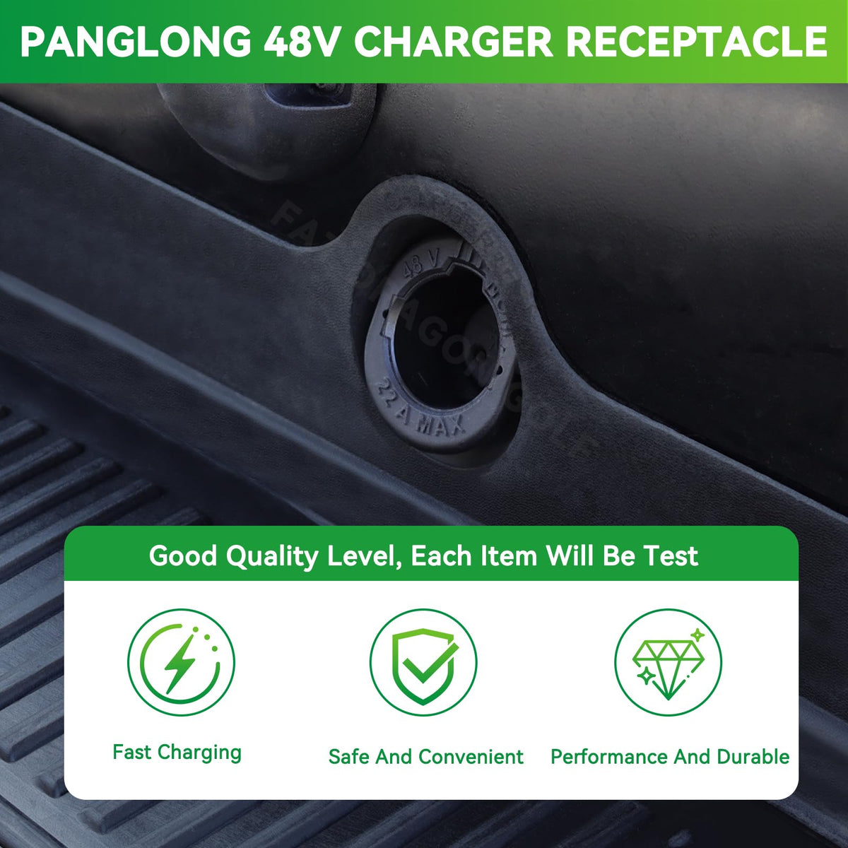 Panglong Club Car Precedent charger port closeup emphasizes insulated shell for safety