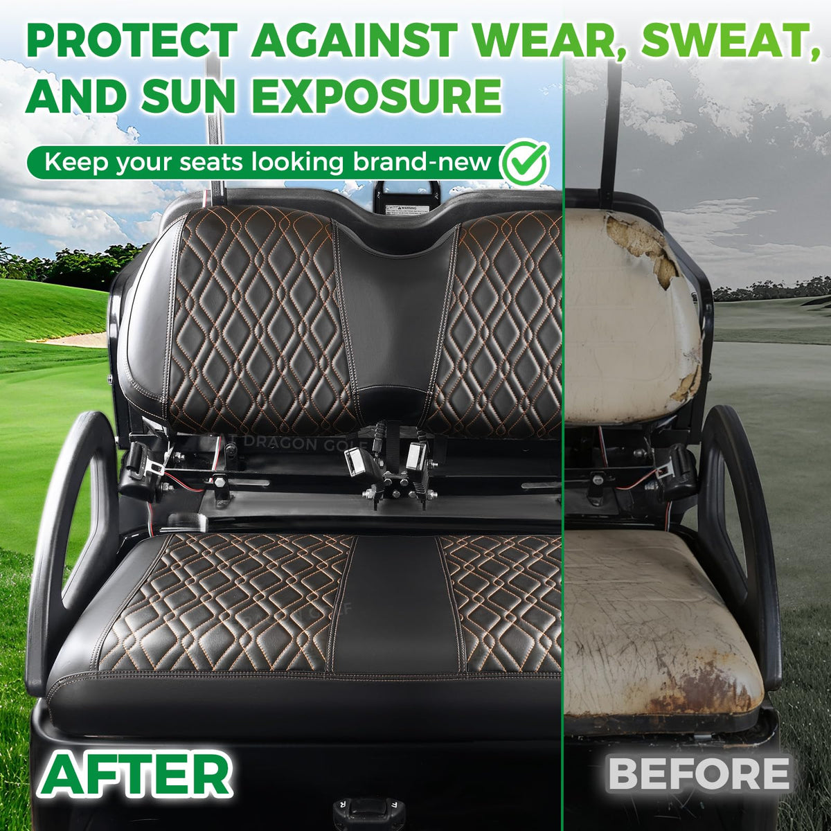 Panglong Club Car Precedent front seat covers, black PVC leather close-up showing smooth surface