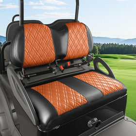 Panglong diamond cross orange PVC seat cover on Club Car Precedent protects and adds style.
