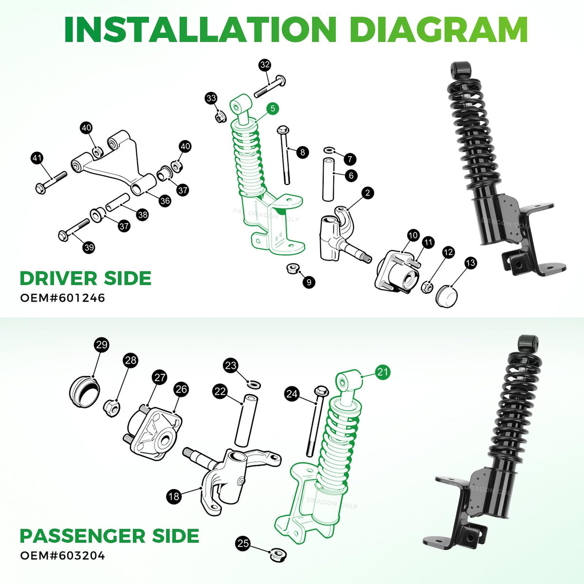 Panglong EZGO RXV front end stability component enhances handling on uneven surfaces.
