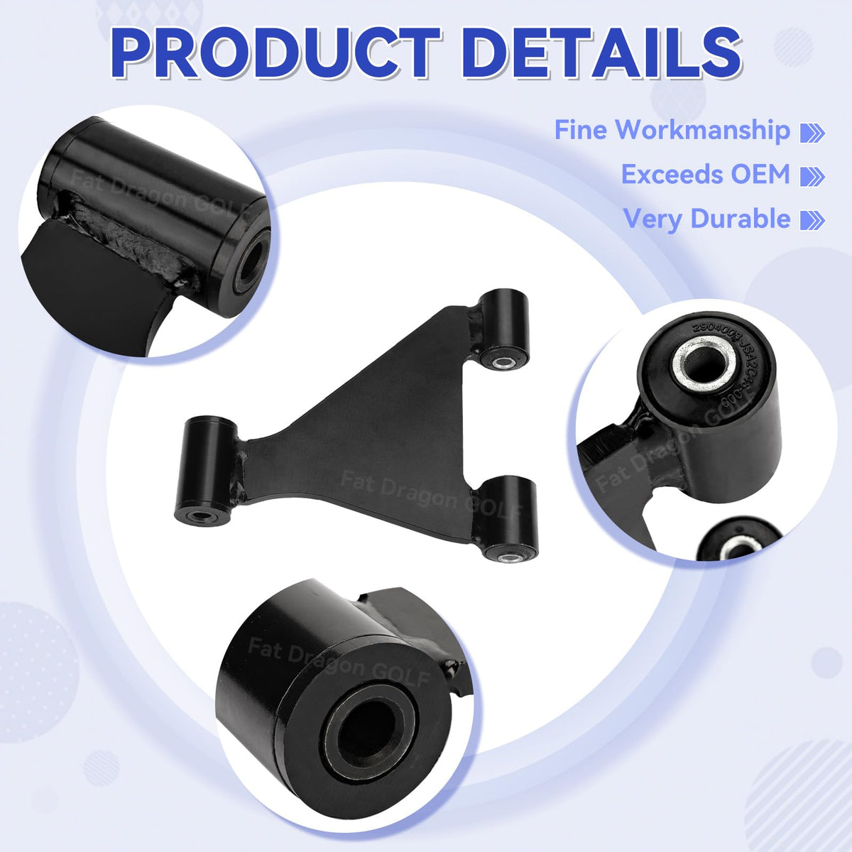 Panglong EZGO RXV front arm assembly, angle view, preinstalled bushings for easy fit