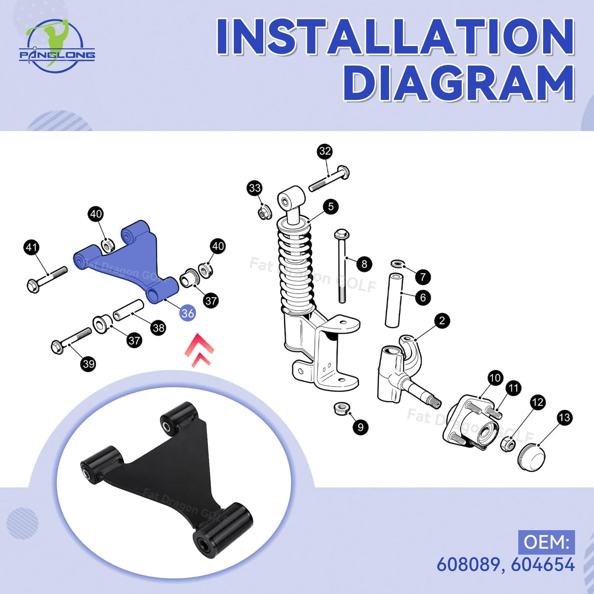 Panglong EZGO RXV front arm assembly, right-side view, improves suspension reliability