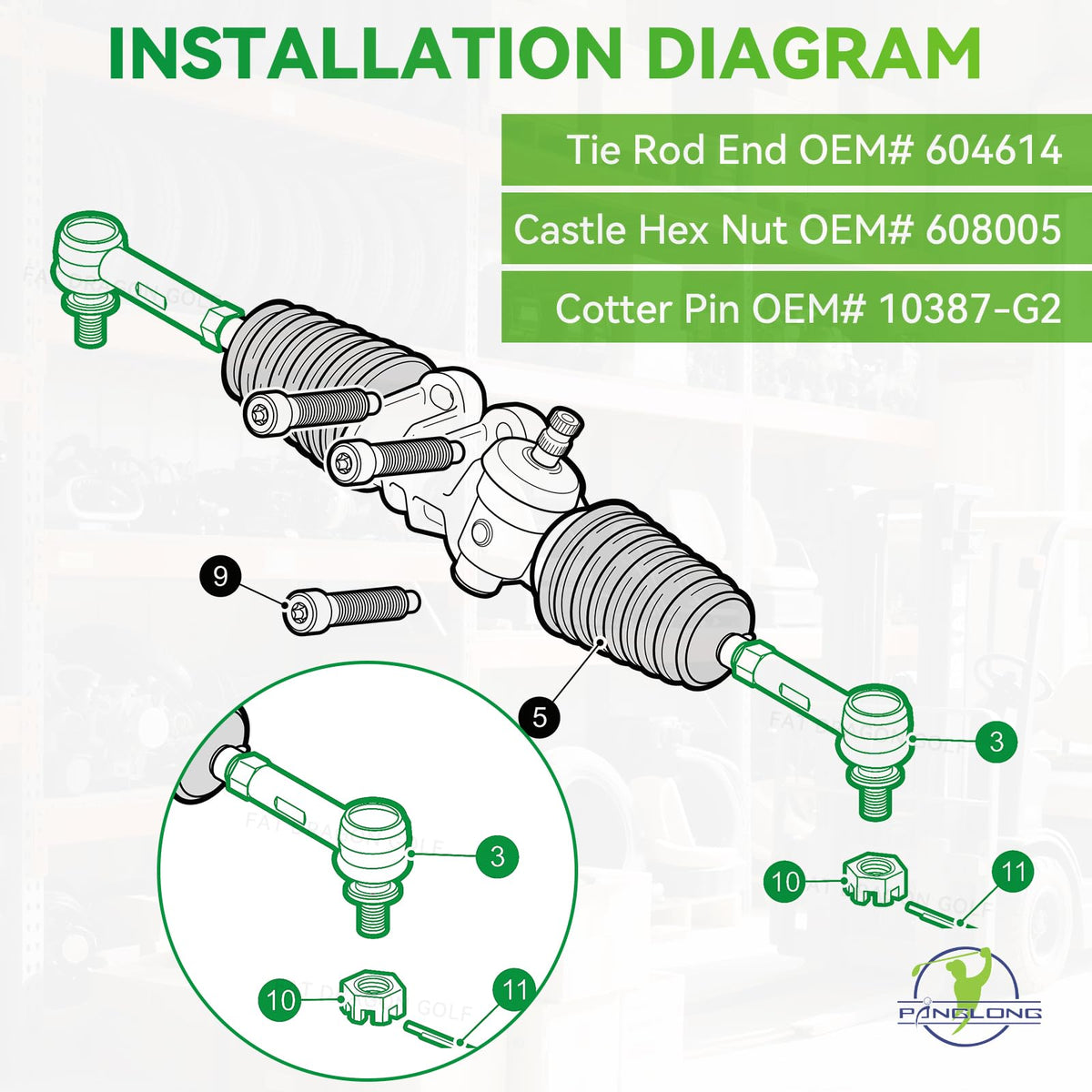Installation step showing correct Panglong RXV tie rod end orientation.