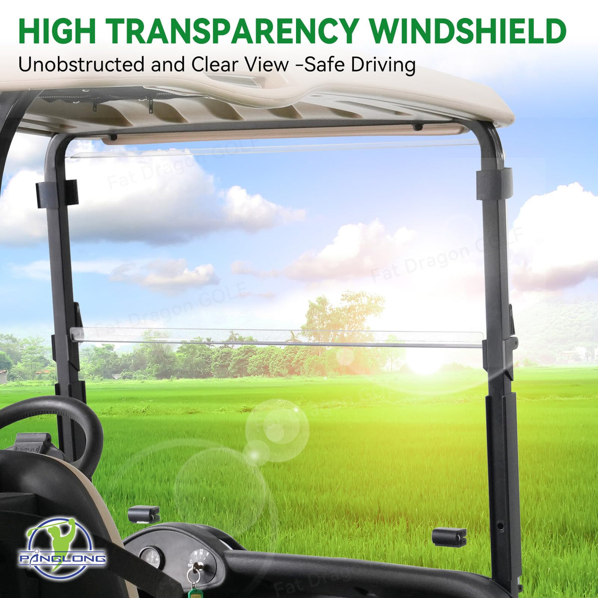 Folded Panglong EZGO RXV windshield demonstrating 2-in-1 versatility.