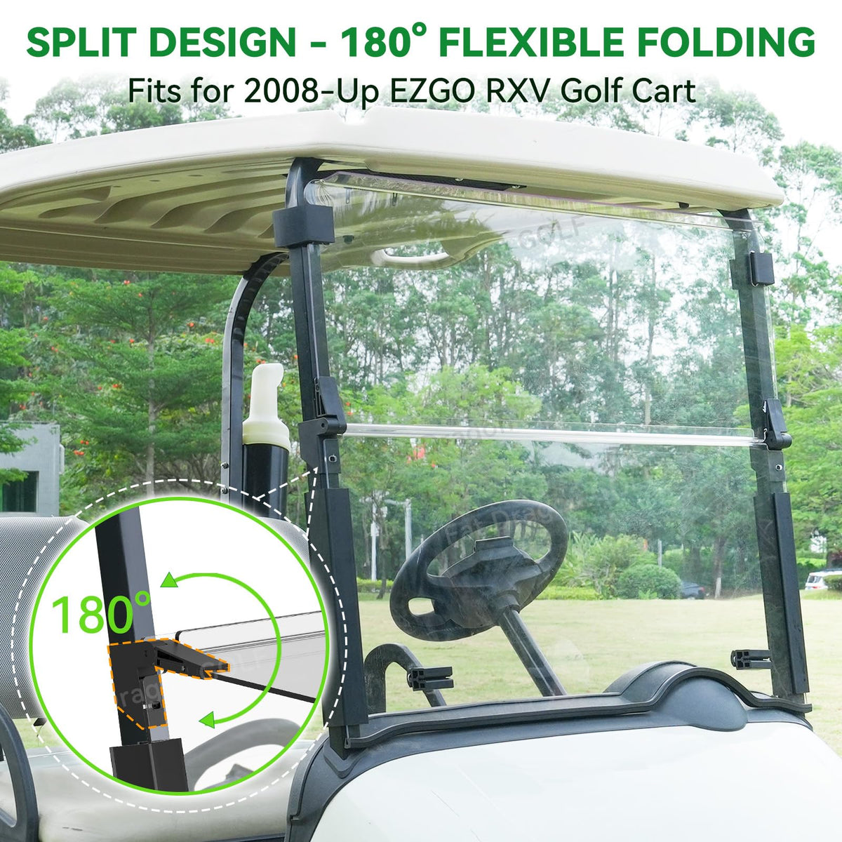EZGO RXV windshield kit with upper/lower panels and clips by Panglong.