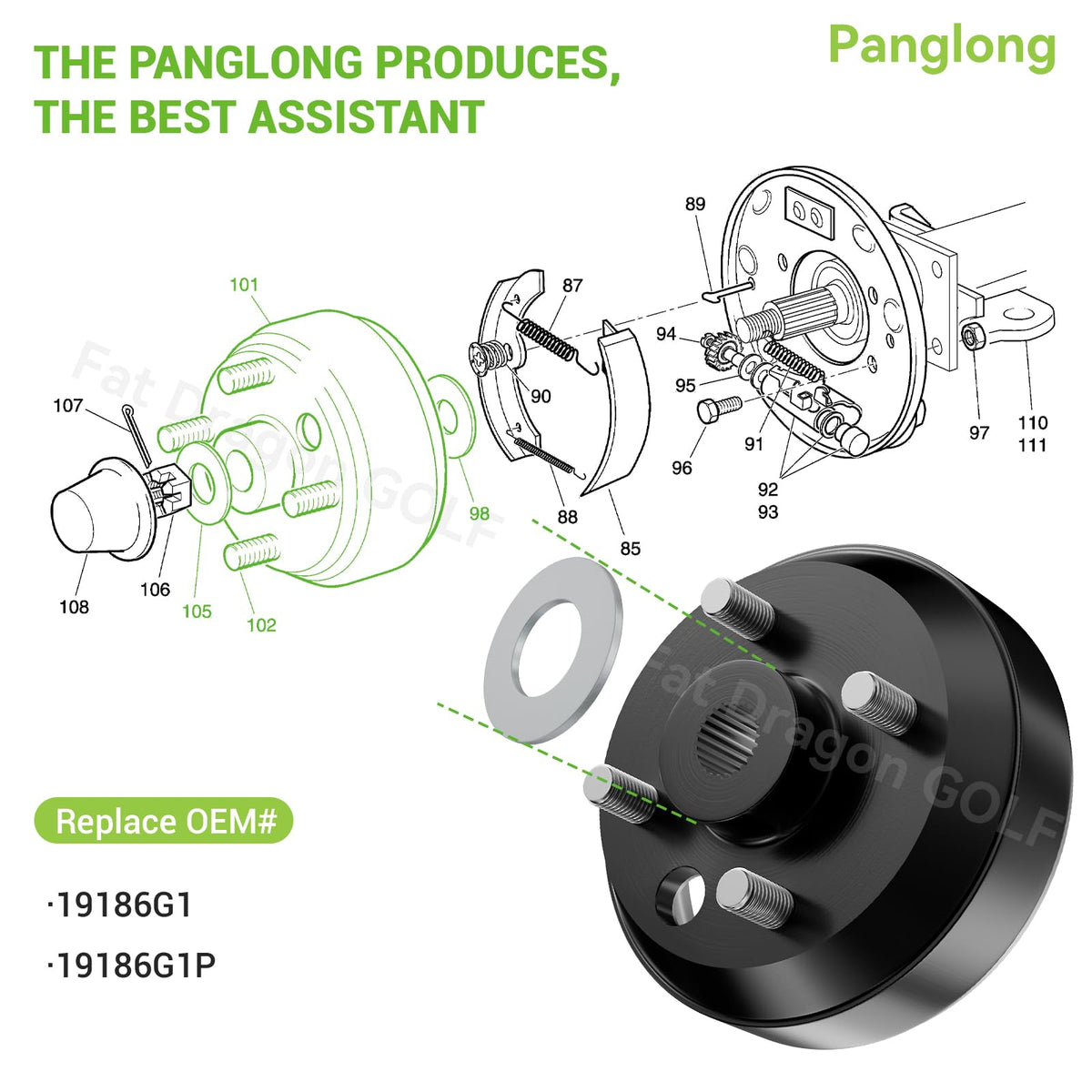 EZGO TXT brake drum hub replacement compatible with 1982-current EVs and 1982-1993 gas carts
