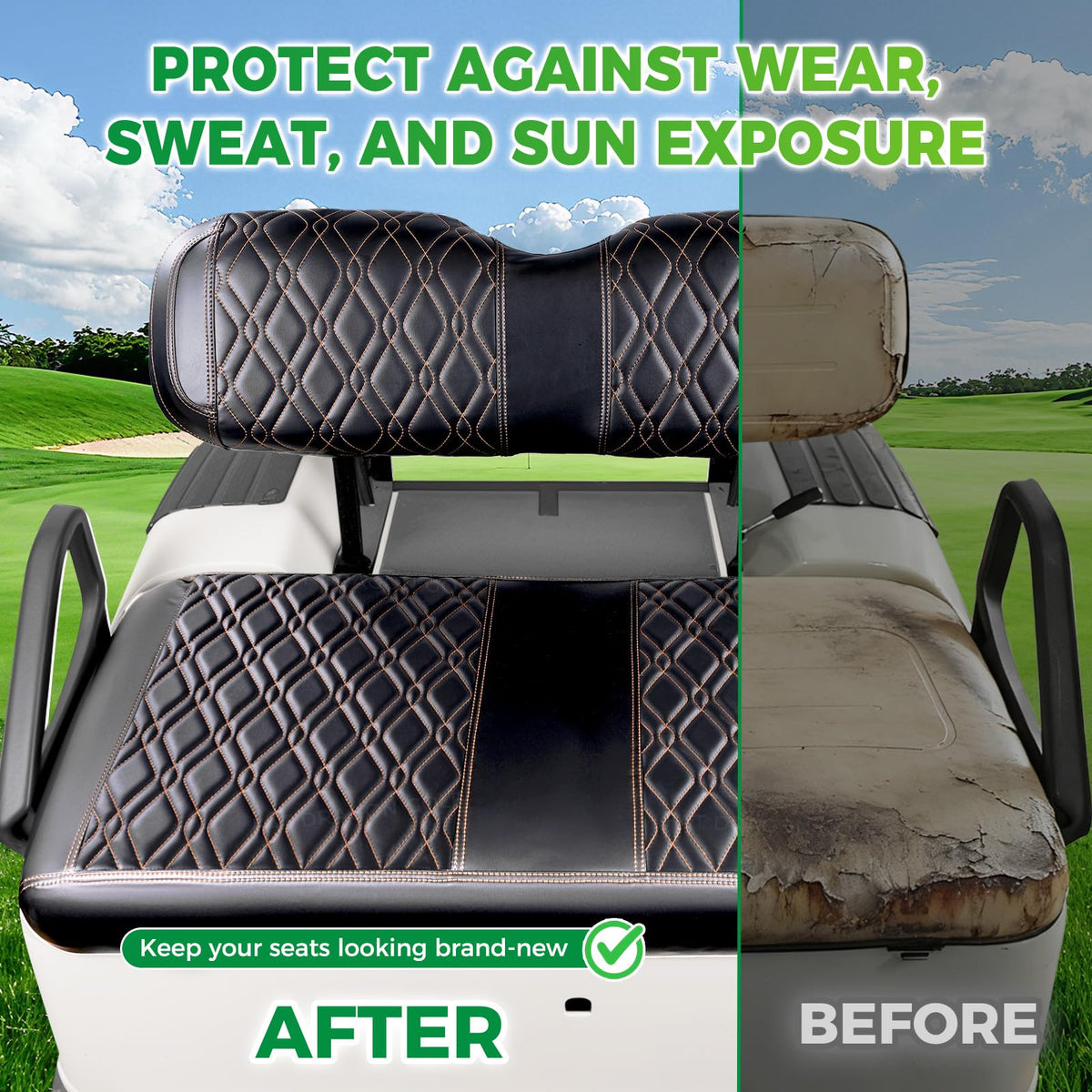 Panglong EZGO TXT front seat cover in brown diamond adds rugged style.