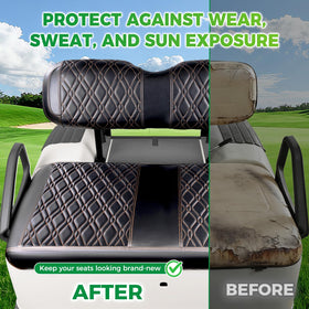 Panglong EZGO TXT front seat cover in brown diamond adds rugged style.