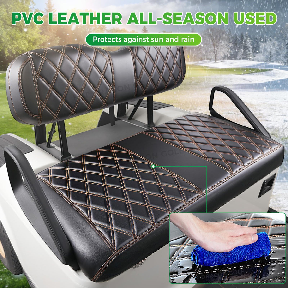 Panglong EZGO TXT black PVC seat cover shields from rain and sun damage.