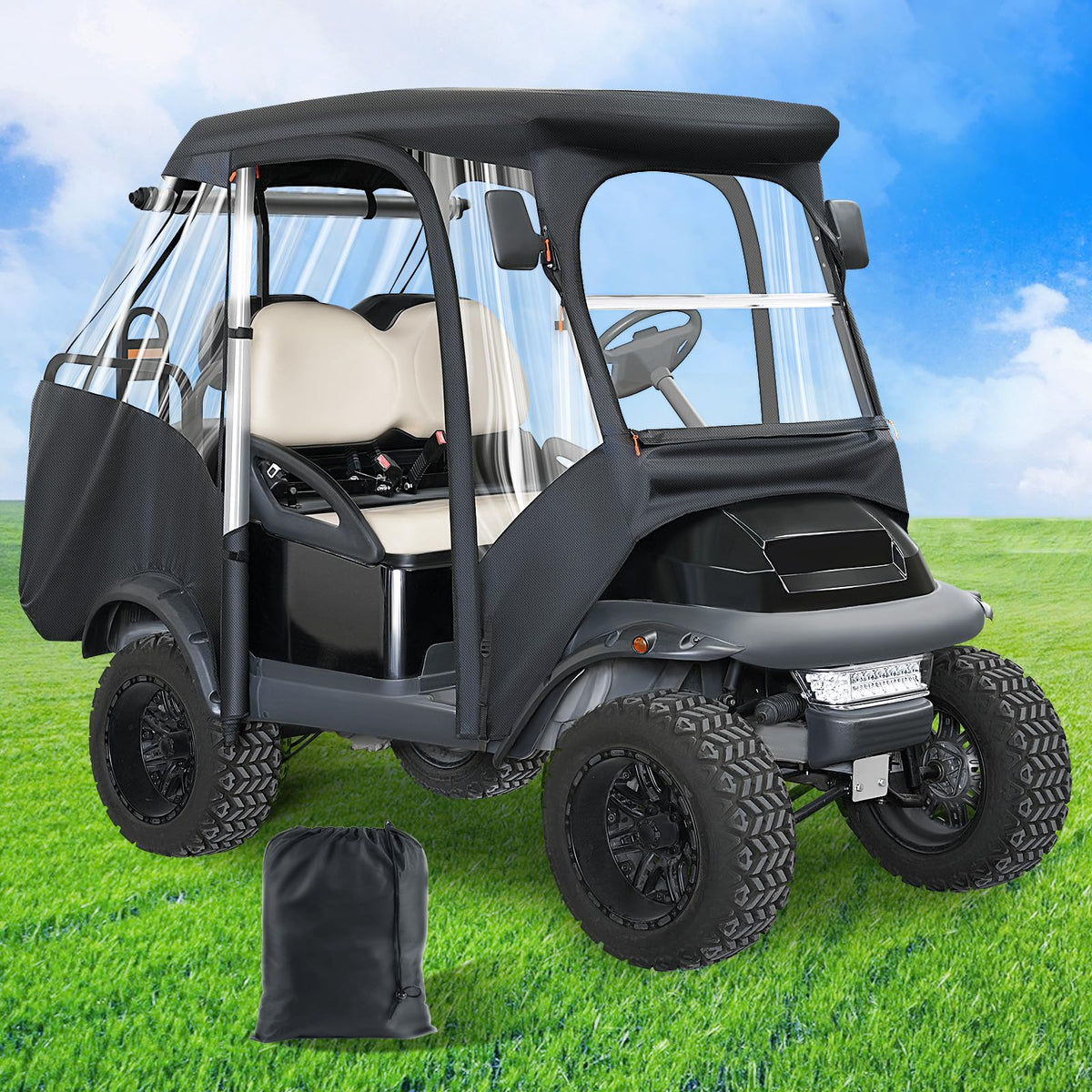 Panglong four-passenger Precedent enclosure front view with weather protection and clear visibility.