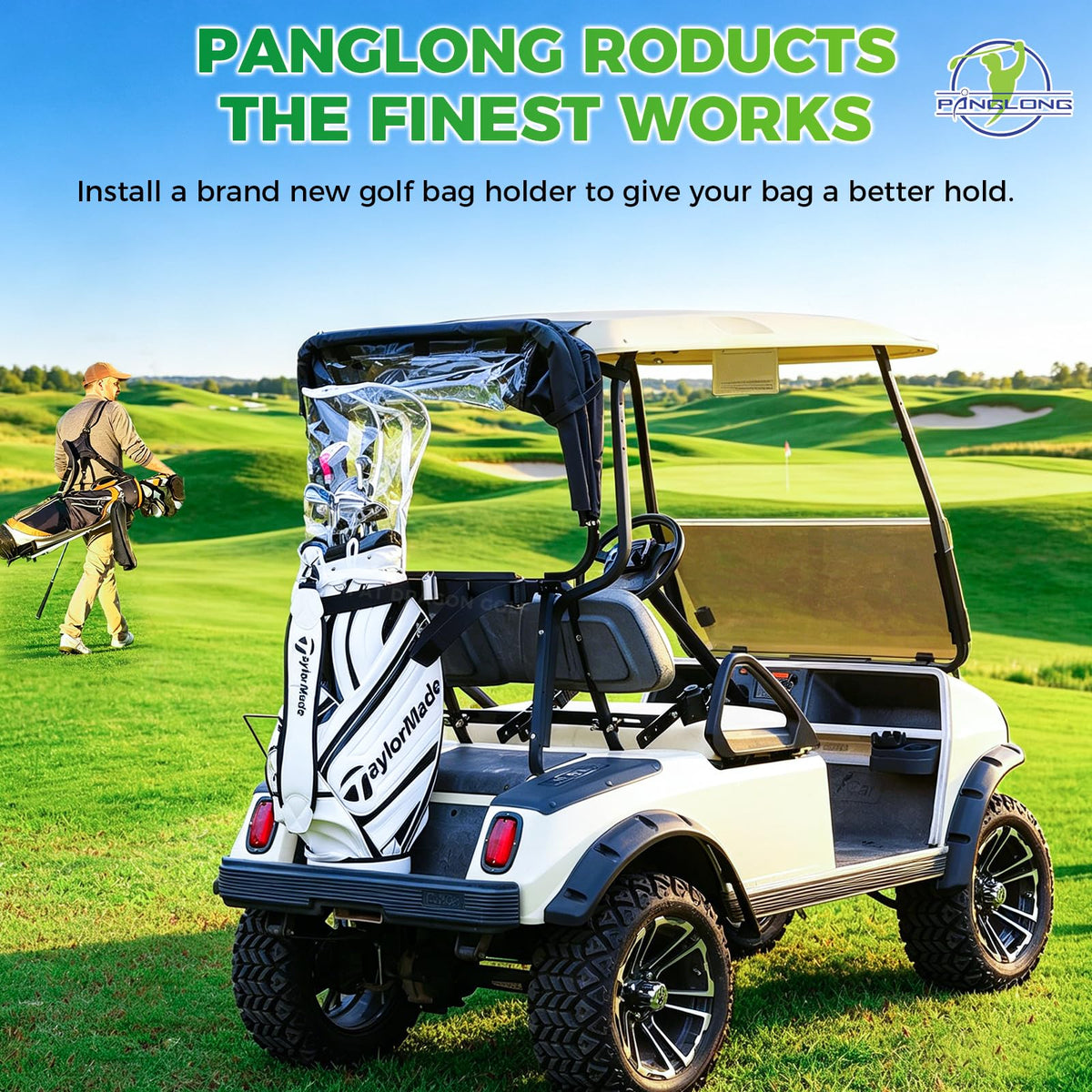 Panglong golf bag attachment with straps and buckles for quick security.