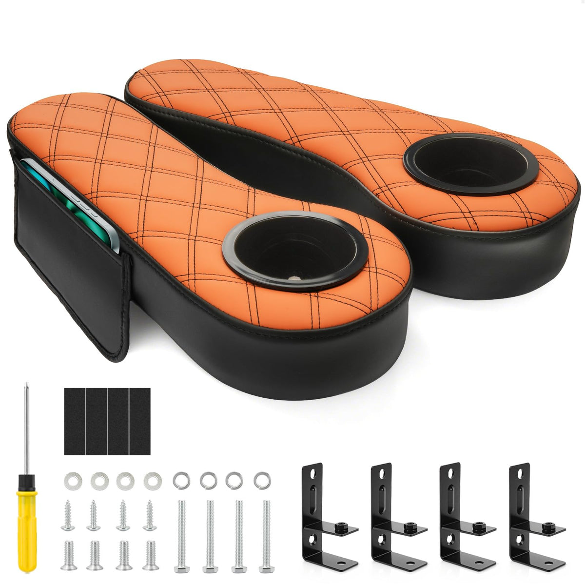 Panglong golf cart armrest with cup holder on Yamaha EZGO rear seat in brown diamond finish.