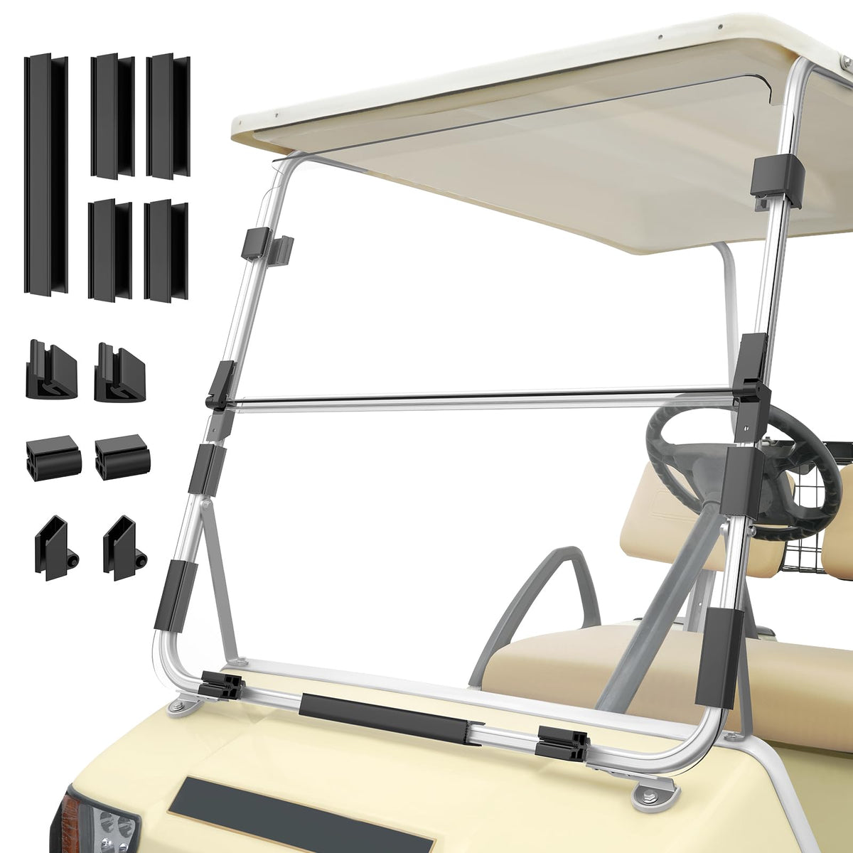 Panglong foldable windshield for Club Car DS offers versatile weather protection.