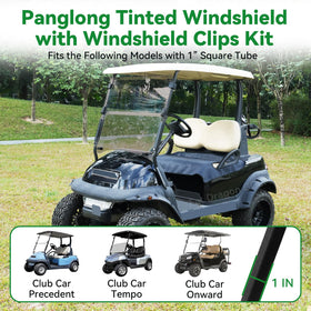 Panglong windshield in use on a club cart during variable weather conditions.