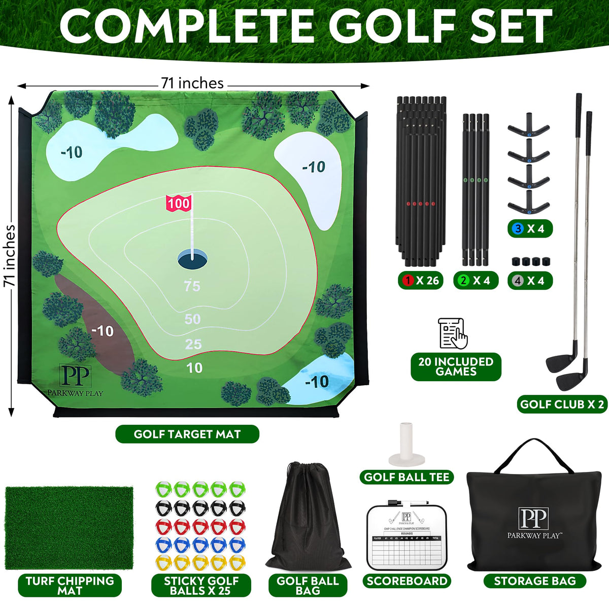 Parkway Home Play adjustable clubs tailored for skill levels during practice.