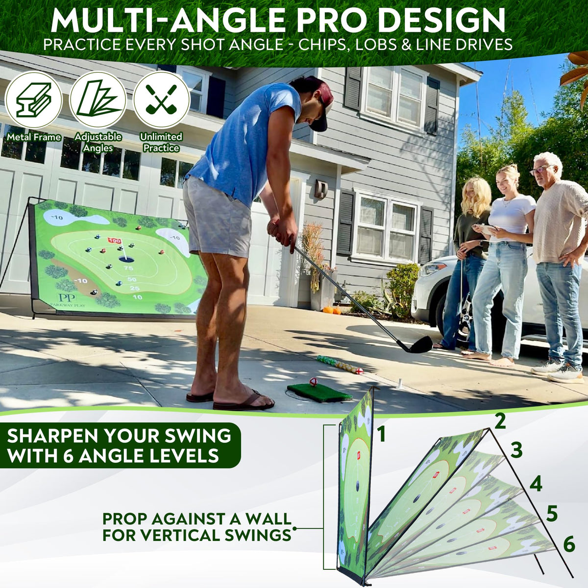 Parkway Home Play turf chipping mat simulates real turf feel during shots.