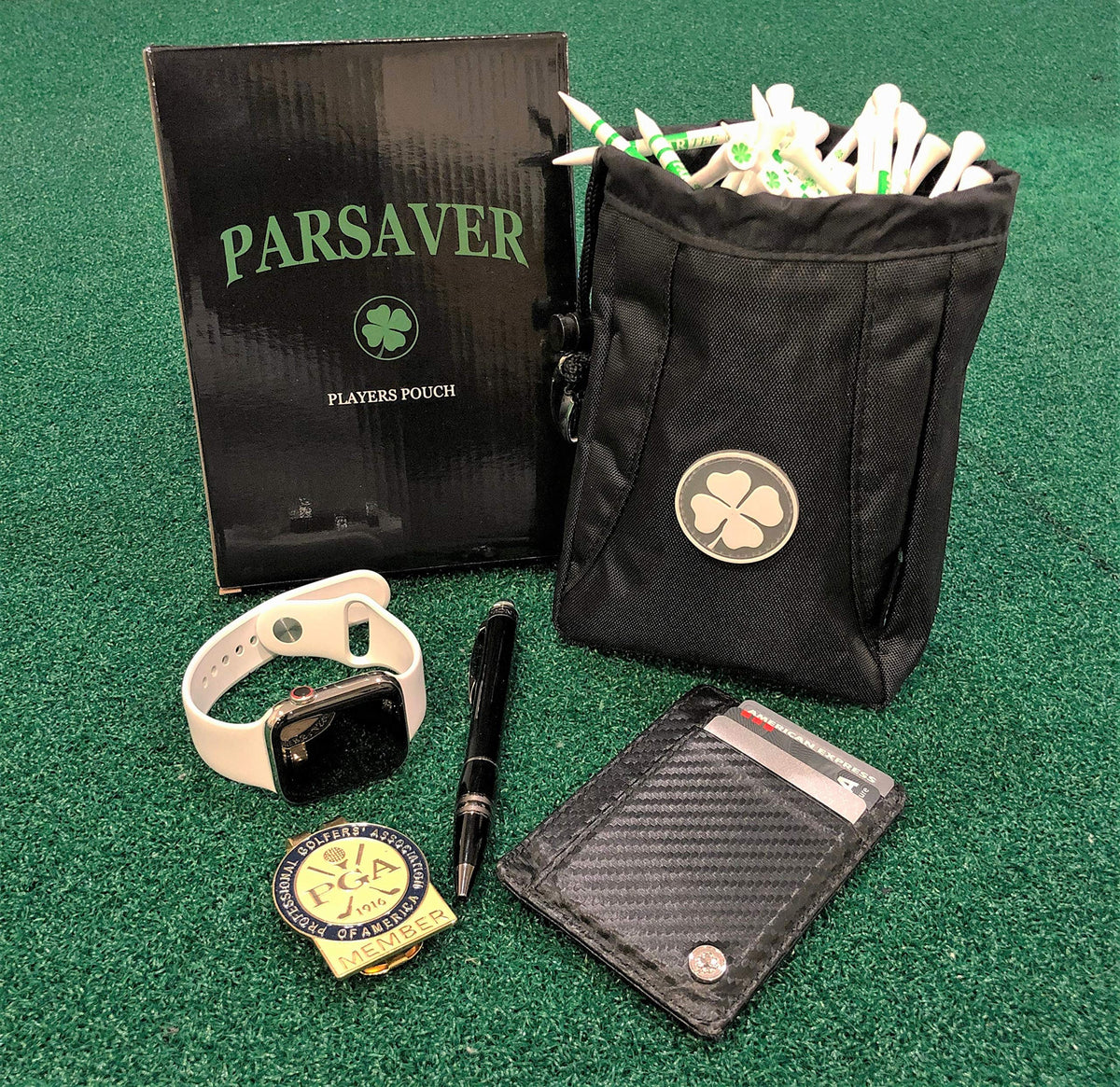 Interior view shows tees and markers neatly organized in the Clover Pouch