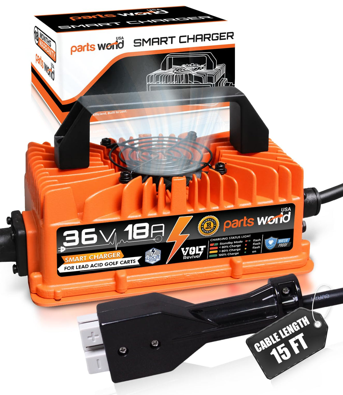 Parts World USA VoltRevive 36V charger front view with SB-50 plug for EZGO Marathon