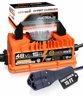 Parts World VoltRevive 48V charger with triangle plug powering EZGO RXV and TXT