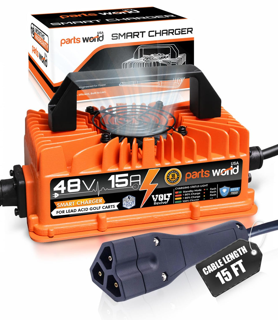 Parts World VoltRevive 48V charger with triangle plug powering EZGO RXV and TXT
