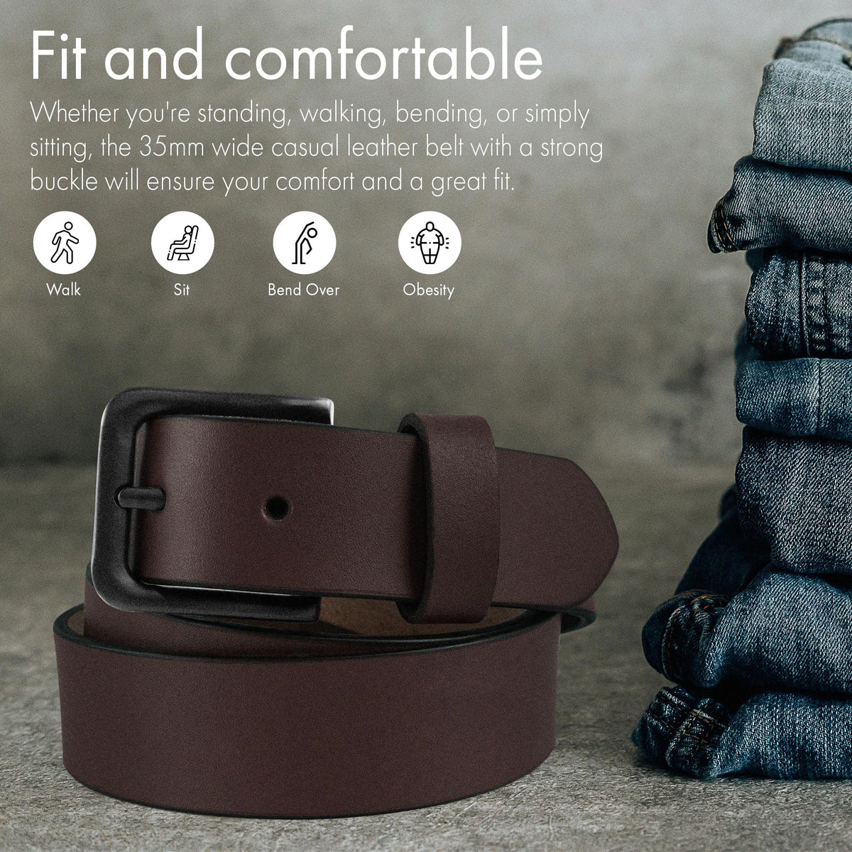 PBF Mens Leather Belt size guide image illustrates easy up-sizing for secure fit