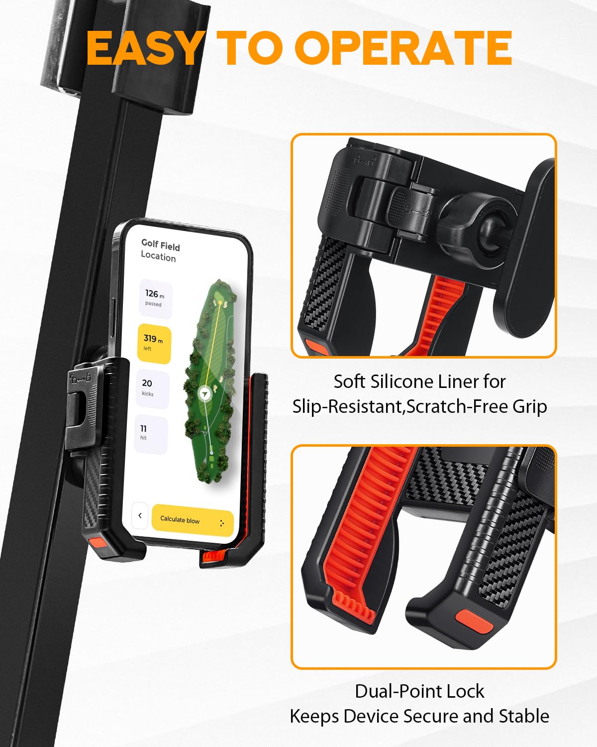 PBYMT red holder mounted on golf cart, one-handed access in action.