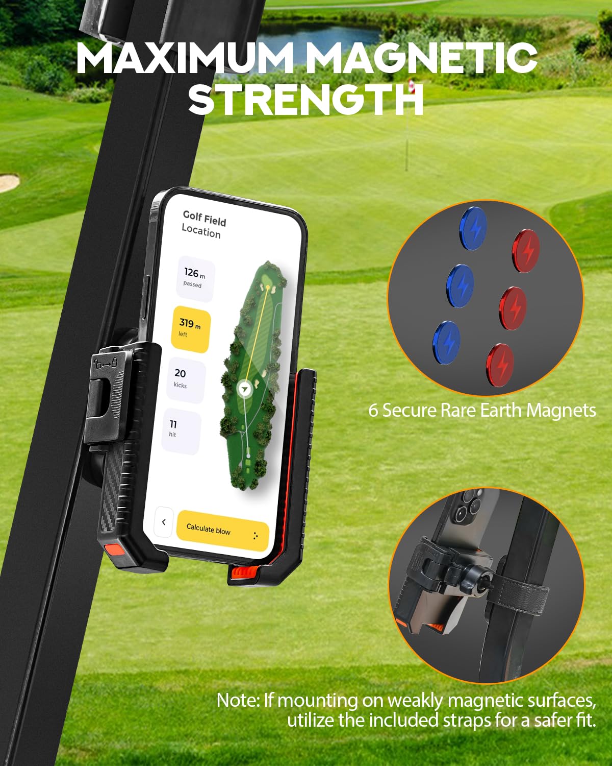 PBYMT magnetic golf cart phone holder red, side view highlighting versatile grip.