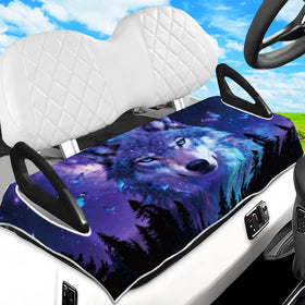 Peacoblue golf cart seat cover in Wolf Starry Sky pattern offers stylish protection.