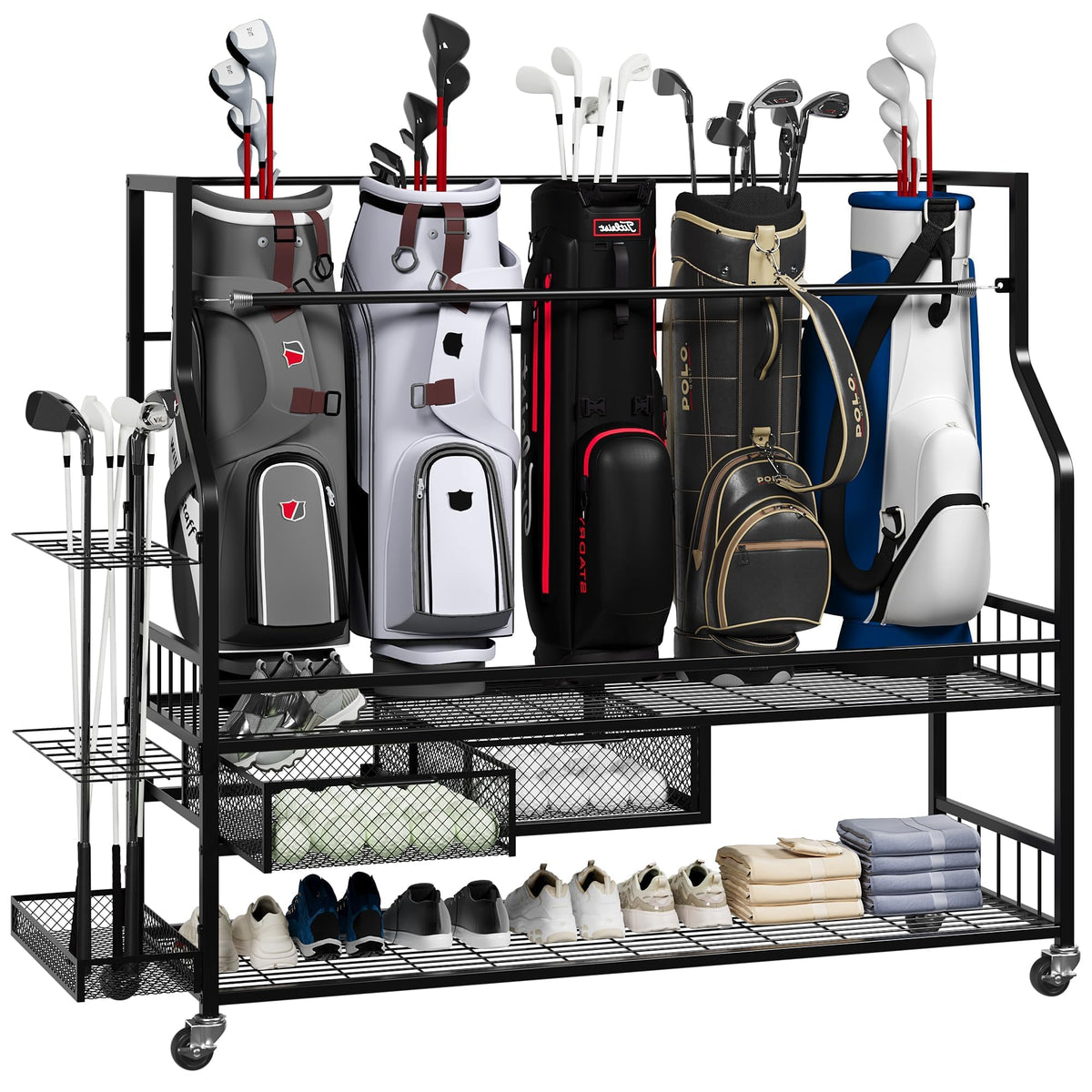 PeakPursuit golf bag organizer with weather-resistant frame for durable outdoor storage.
