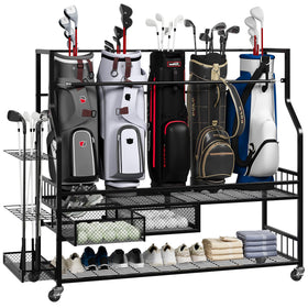 PeakPursuit golf bag organizer with weather-resistant frame for durable outdoor storage.