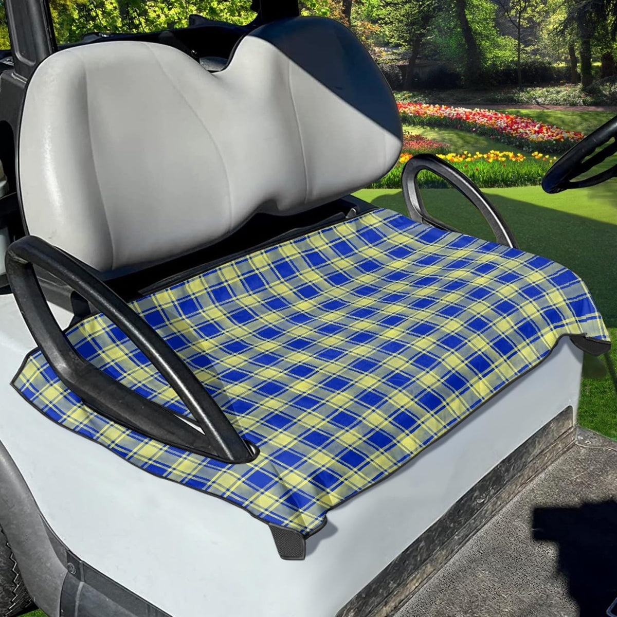 Penstroll Royal Tartan seat cover, front view, showing durable microfiber protection and style