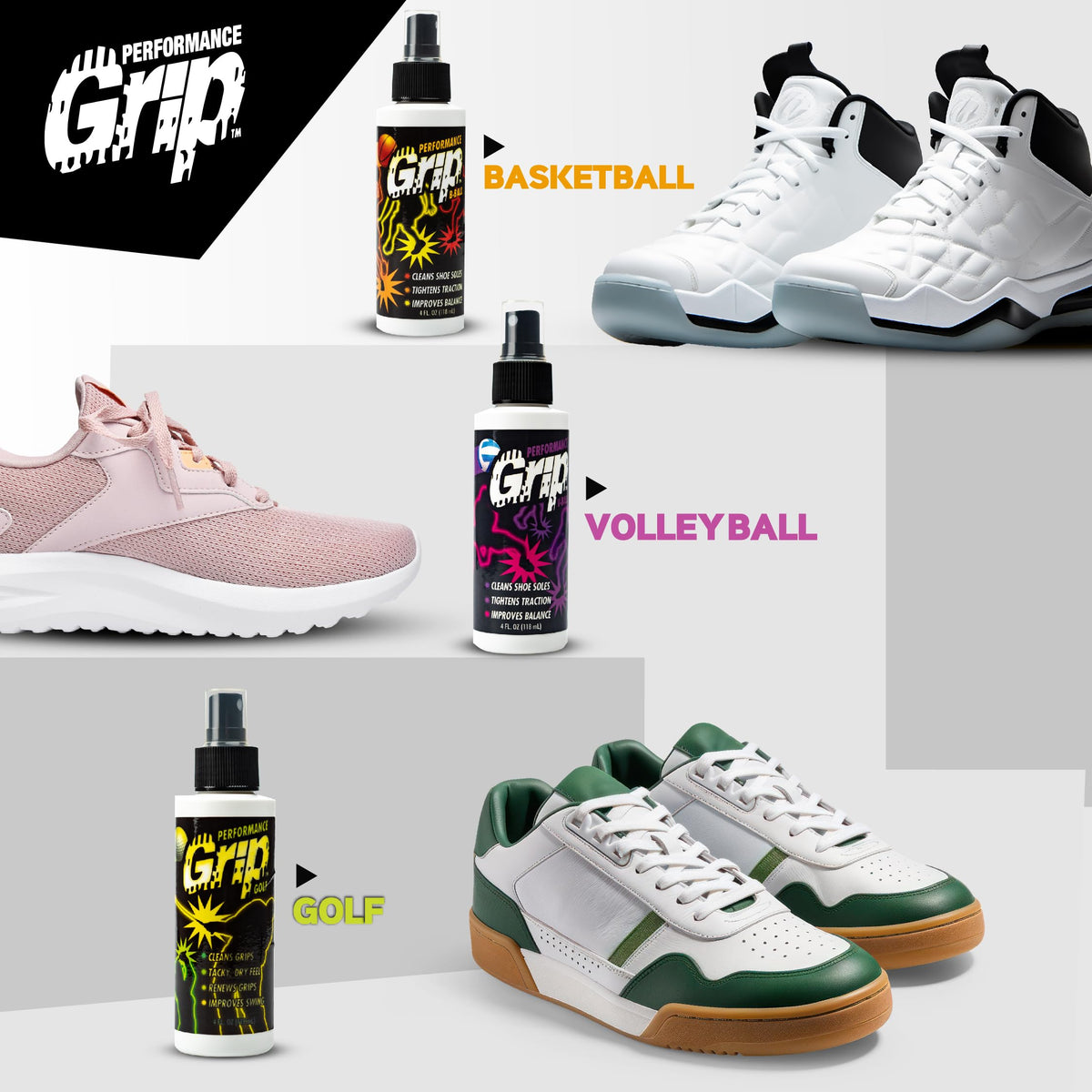 Award-winning Performance Grip spray showcased for golf gear care.