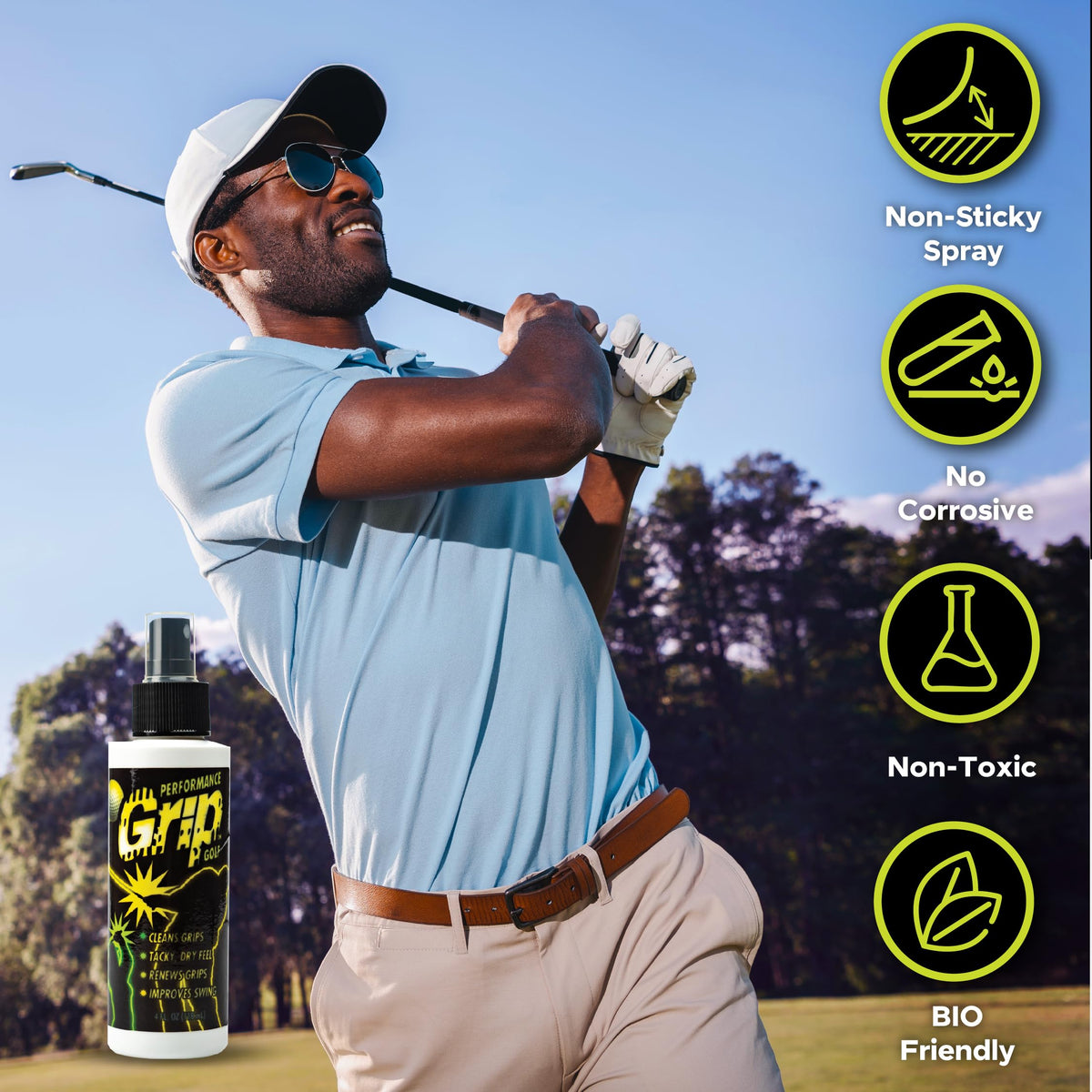 Performance Grip spray's non-sticky formula preserves grip feel during play.