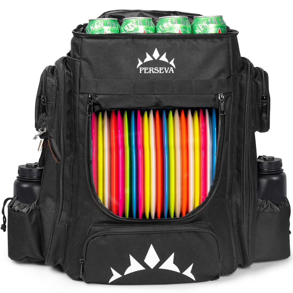 PERSEVA disc golf bag front view with spacious disc storage