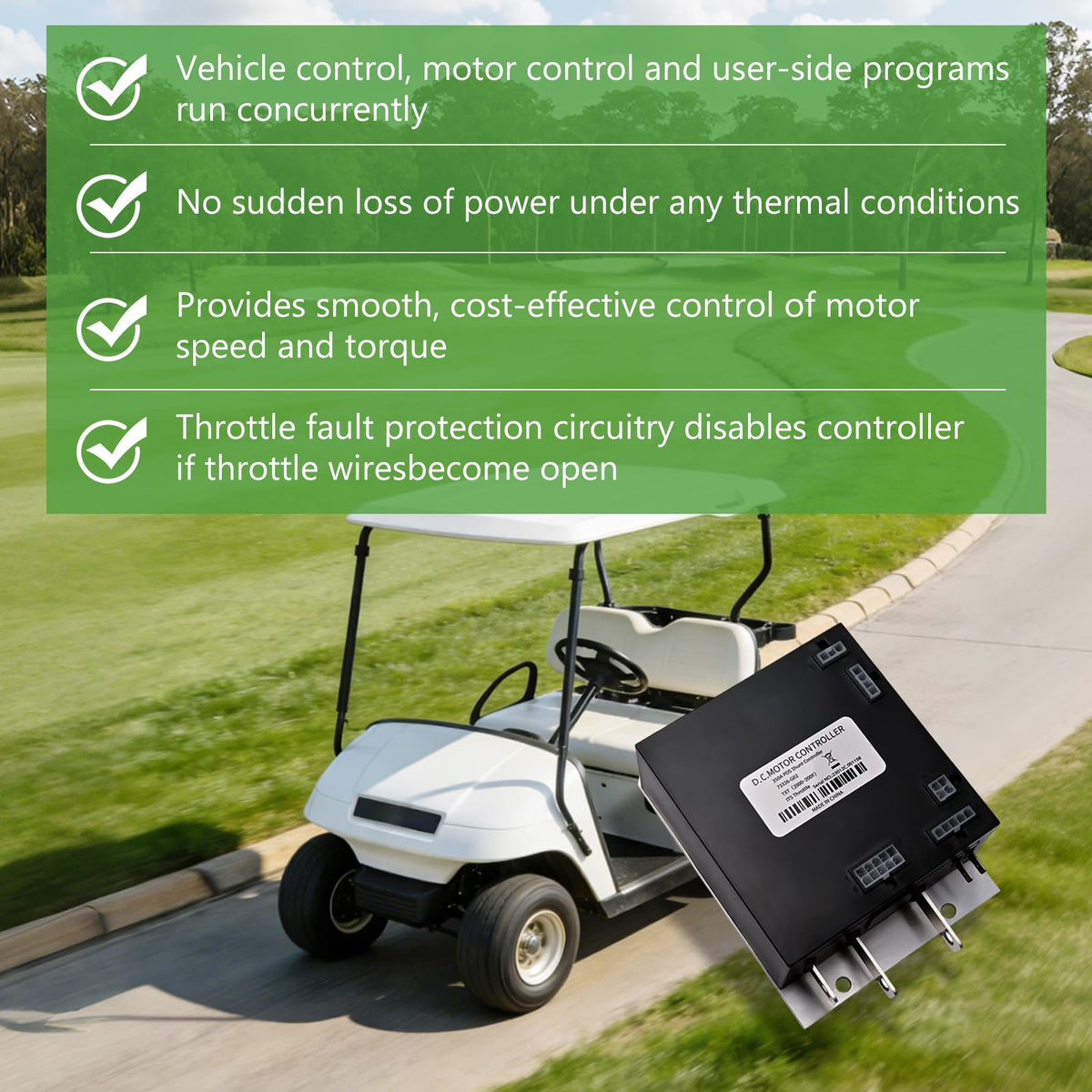 PFUM overcurrent and overheating protection safeguards golf carts.