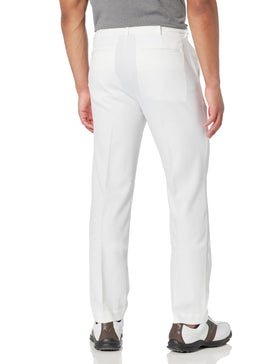 PGA TOUR fabric close-up showing moisture-wicking and sun protection benefits in bright white pants