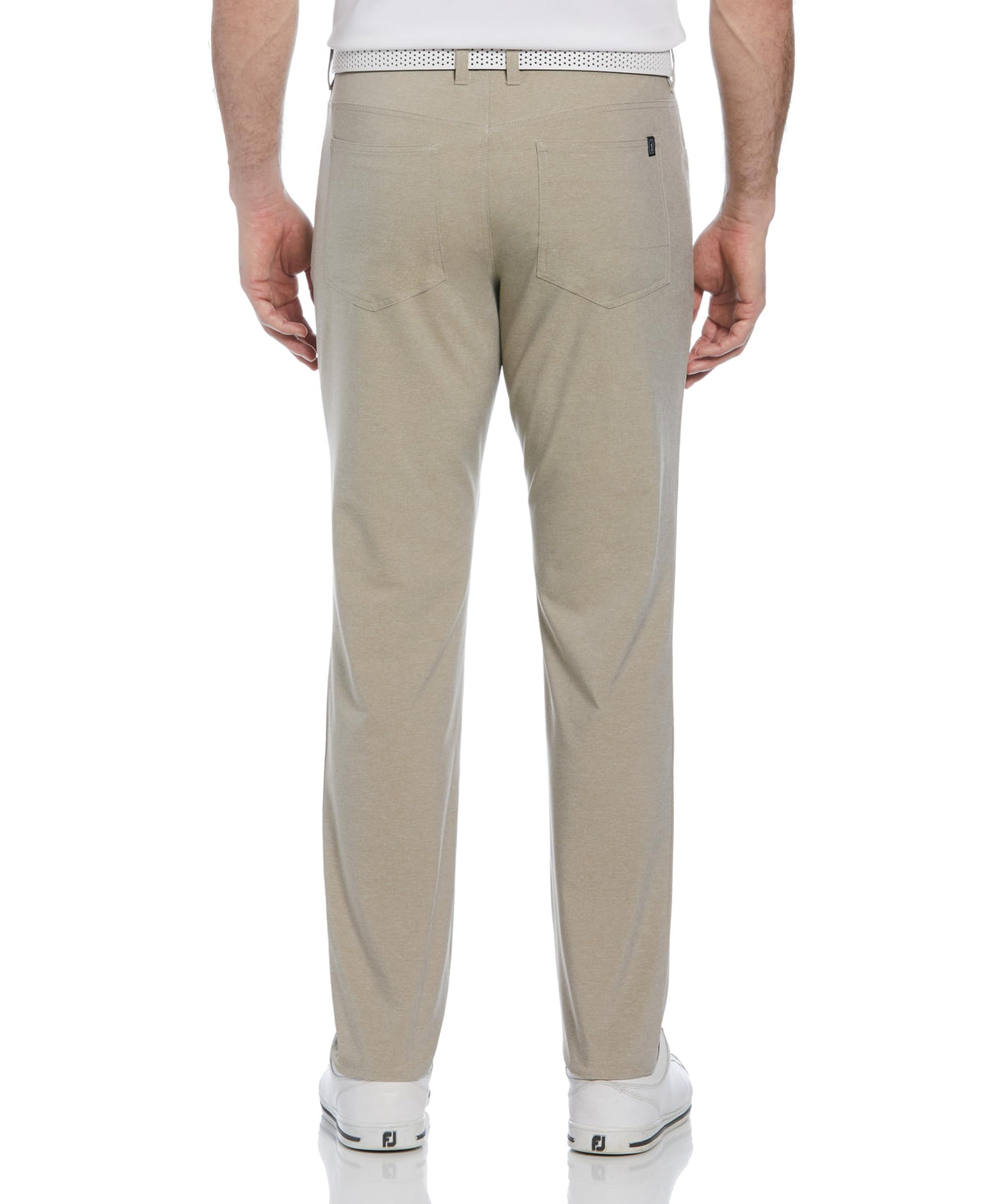PGA Tour men's 5-pocket heather golf pant in khaki — back view highlights stretch and mobility.