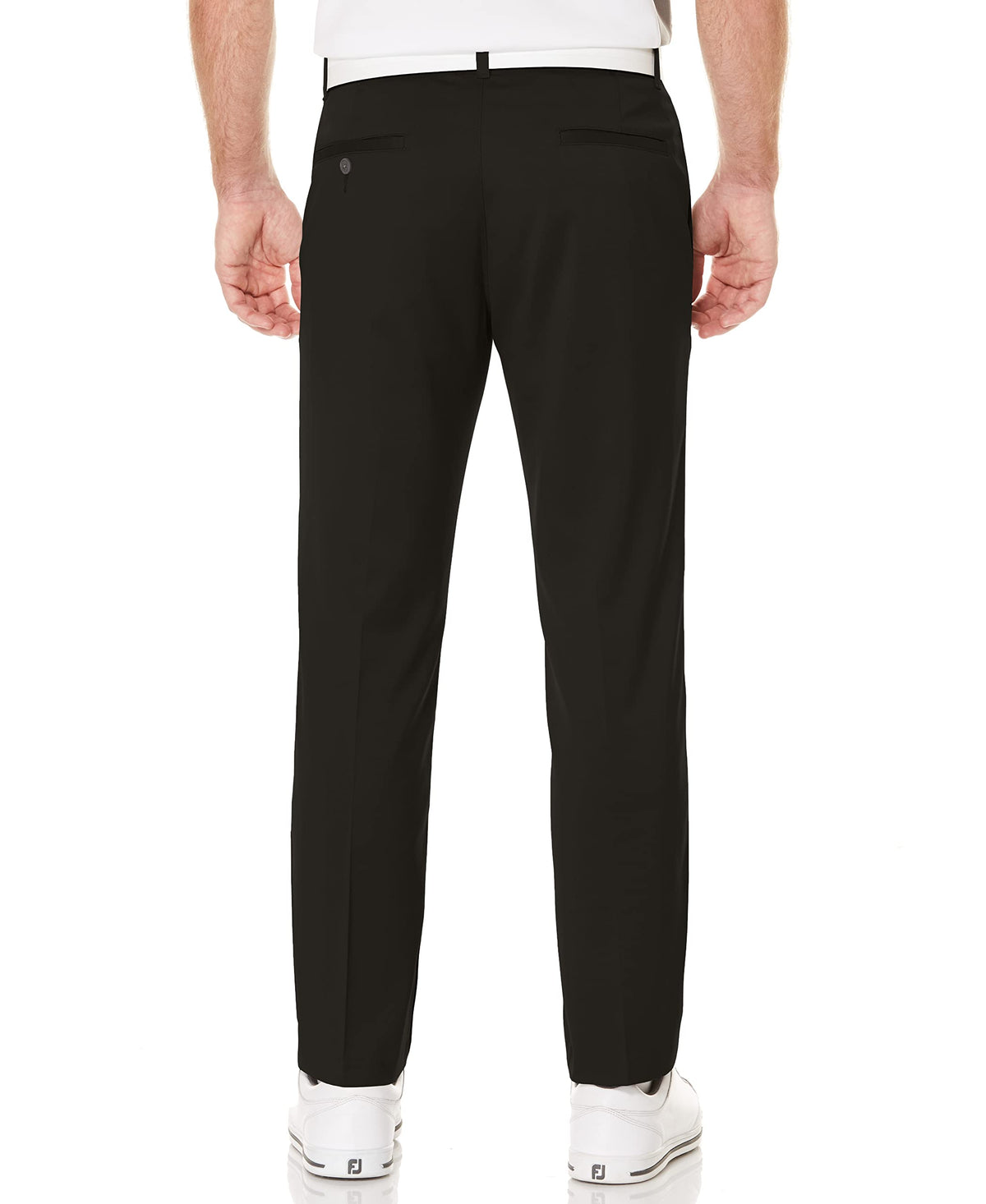 PGA Tour golf pant side view shows expandable waistband for flexible movement on swings.