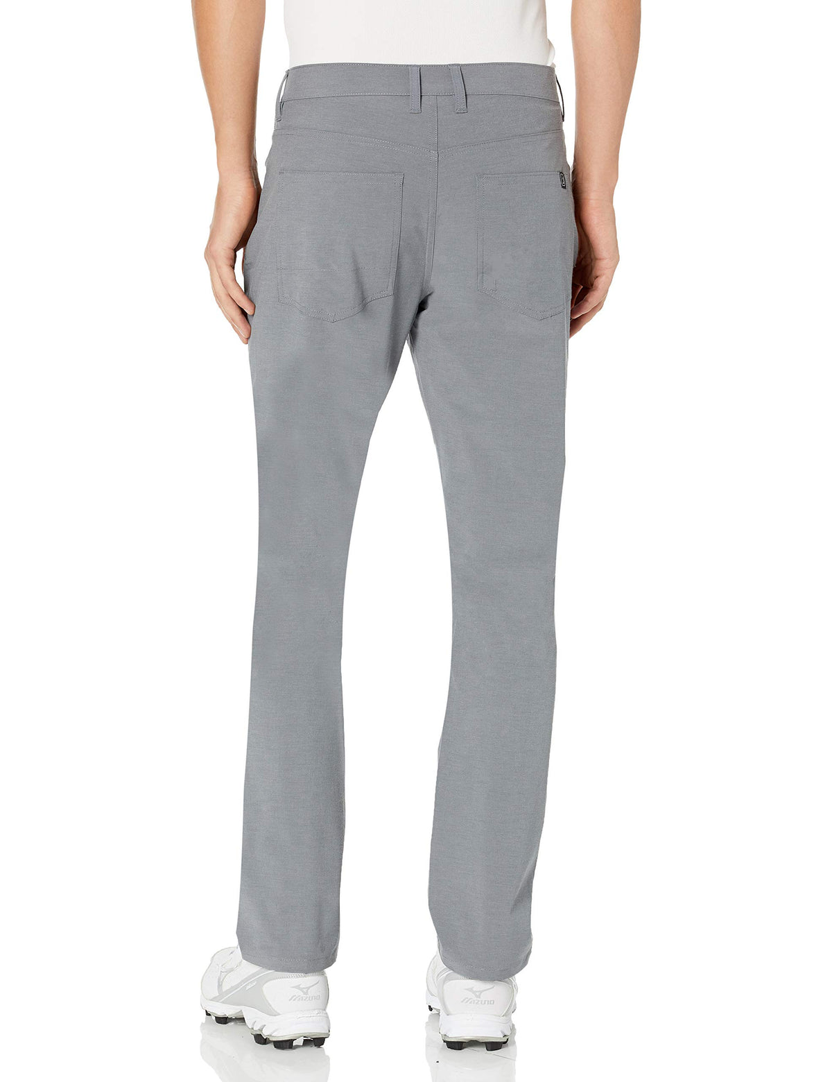 PGA TOUR men's flat-front pant in DK Grey Heather; close-up dobby texture for flexible wear.
