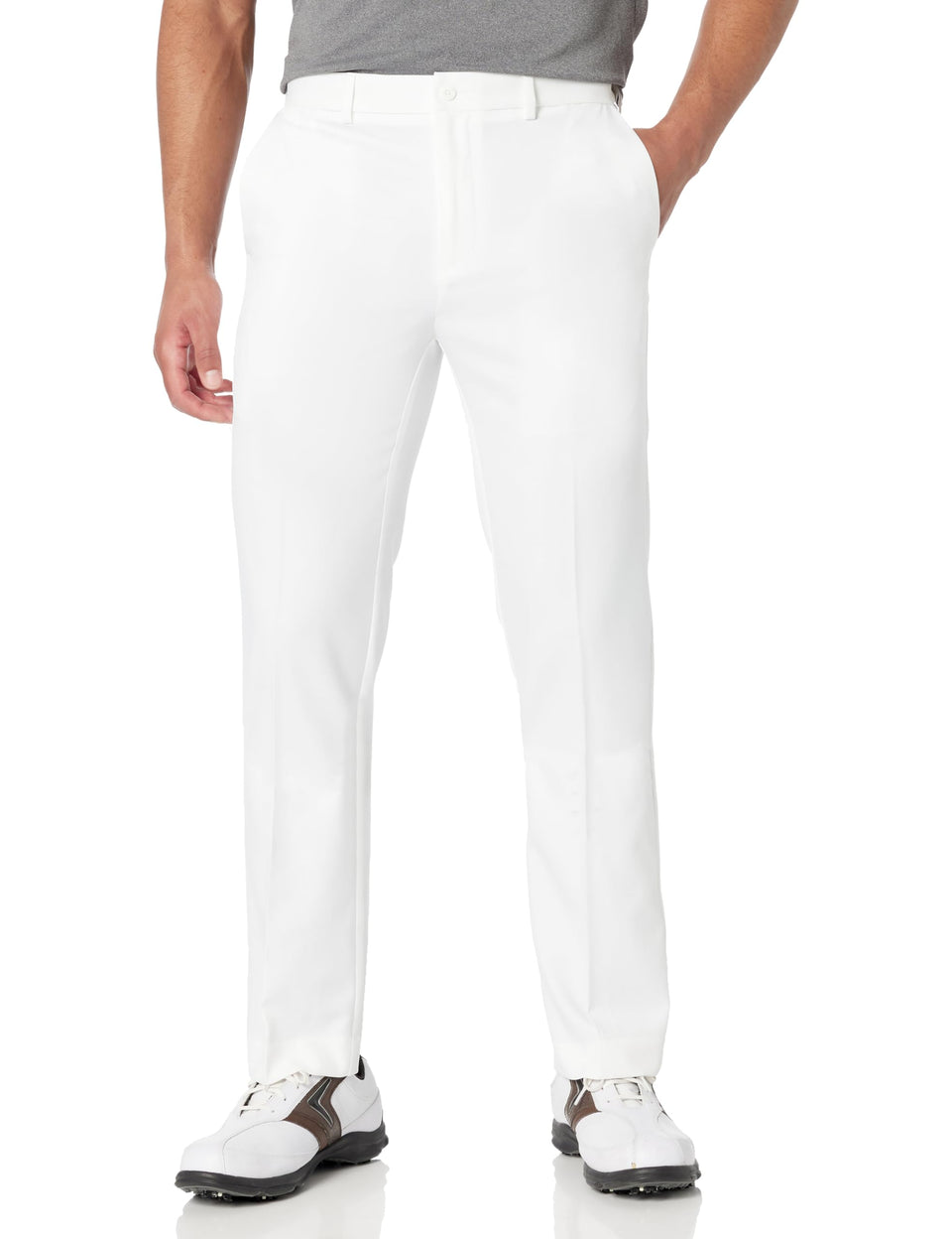 PGA TOUR flat front golf pant in bright white with expandable waistband for flexible on-course comfort