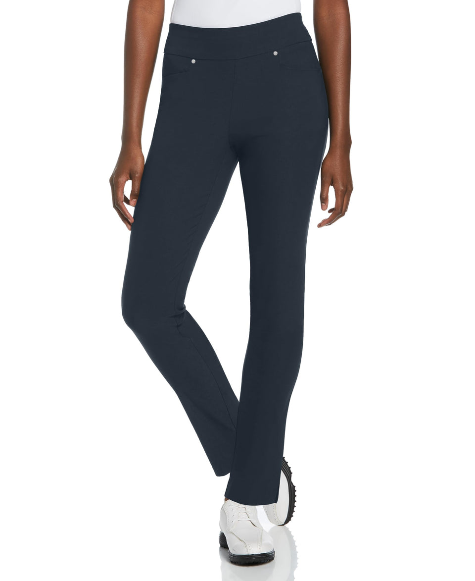 PGA TOUR women's tummy-control pull-on pants in navy, smoothing silhouette for on-course comfort.