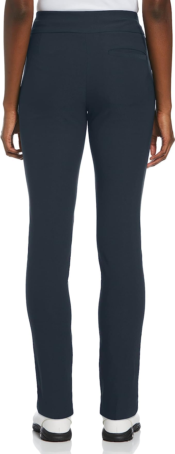 PGA TOUR tummy-control pull-on pants in navy, side view with pockets for tees and balls.