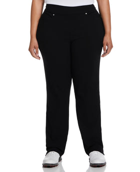 PGA TOUR women's tummy-control pull-on golf pants in caviar black, front view, smooth silhouette.